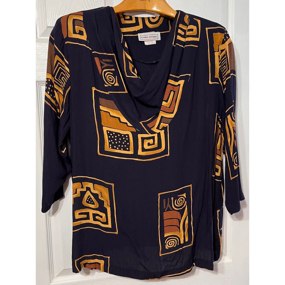 Sharon‎ Anthony Vintage Black Geometric Print Cowl Neck 3/4 Sleeve Tunic Top 16W